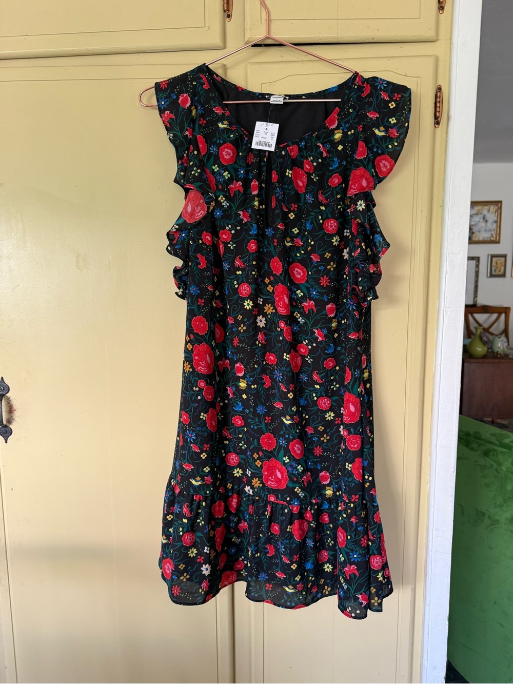 J. Crew' Floral Ruffle Dress - Black with Red Flowers
